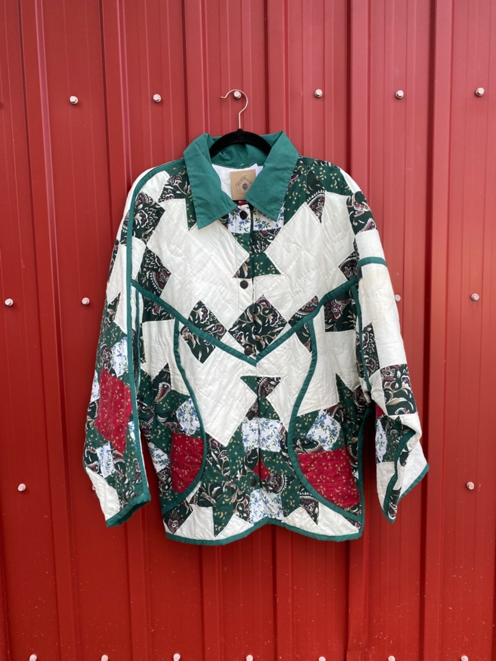 Quilted Patchwork Button-Up Jacket in Green, Cream & Red